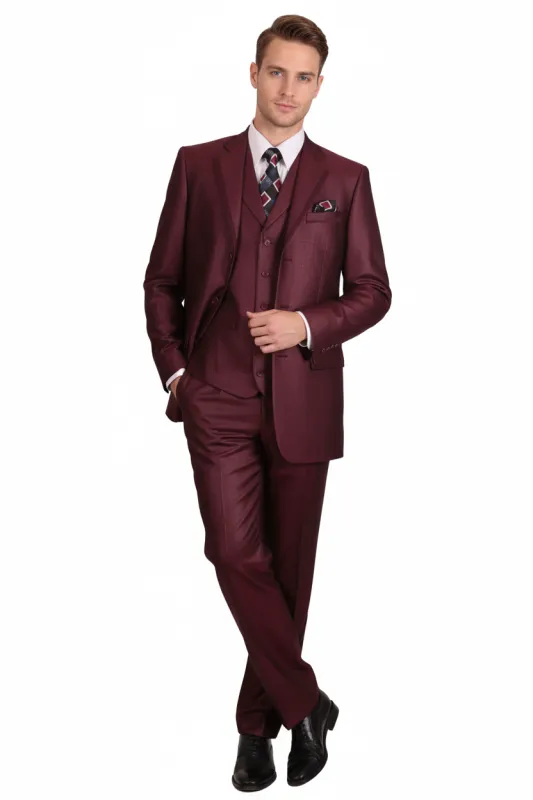 Men’s Burgundy 3-Piece Suit – Burgundy Three Buttons Vested Suit - Pleated Pants Classic Fit Athletic Cut sold by Alberto Nardoni