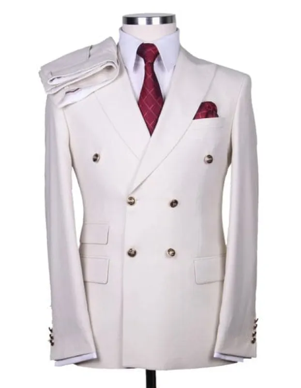 Mens Designer Modern Fit Double Breasted Wool Suit with Gold Buttons in White sold by Alberto Nardoni