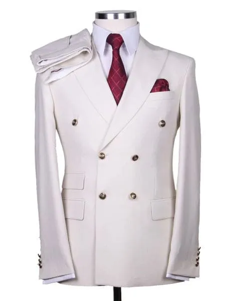 Mens Designer Modern Fit Double Breasted Wool Suit with Gold Buttons in White sold by Alberto Nardoni