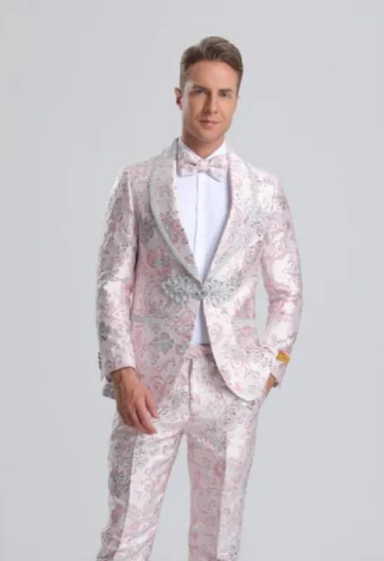 Men's Fancy Pink Floral Paisley Prom Tuxedo with Silver Trim sold by Alberto Nardoni