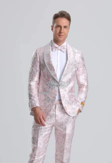 Men's Fancy Pink Floral Paisley Prom Tuxedo with Silver Trim sold by Alberto Nardoni