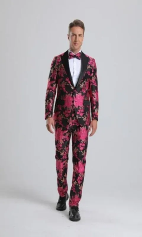 Men's Fuchsia Pink & Black Floral Paisley Prom Tuxedo sold by Alberto Nardoni
