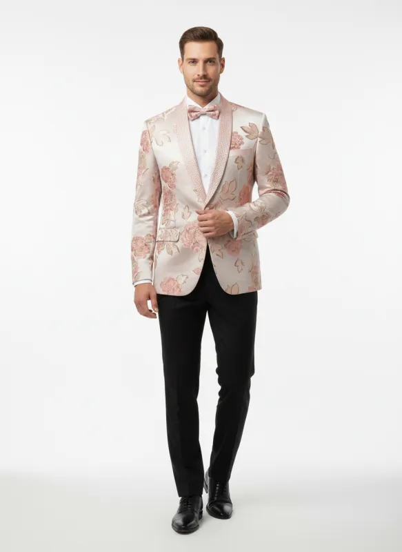 Mens Pink Blush Floral Jacquard Blazer with Embellished Shawl Lapel Luxury Party and Wedding Wear Jacket sold by Alberto Nardoni