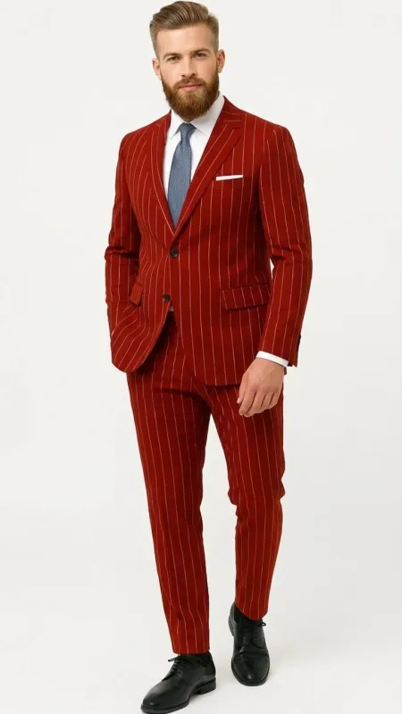 Menâ€™s Red Pinstripe Suit â€“ Stripe Two-Button Vested Suit 2 Buttons sold by Alberto Nardoni