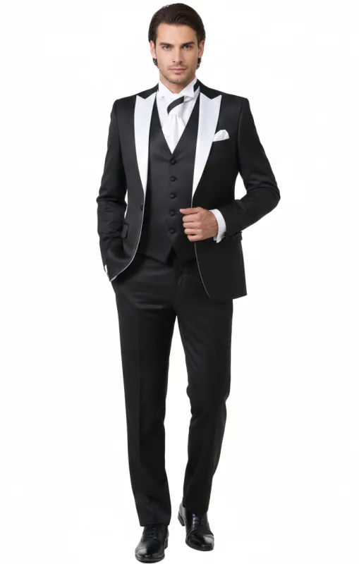 Men’s Black and White Lapel Prom Tuxedo Suit + Black Vest + Black Pants Peak Lapel sold by Alberto Nardoni