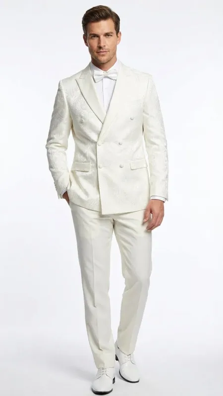 Mens Ivory Double Breasted Tuxedo Dinner Jacket  Textured Blazer Paisley Texture Pattern in Off White Cream Color + Bowtie made by Alberto Nardoni