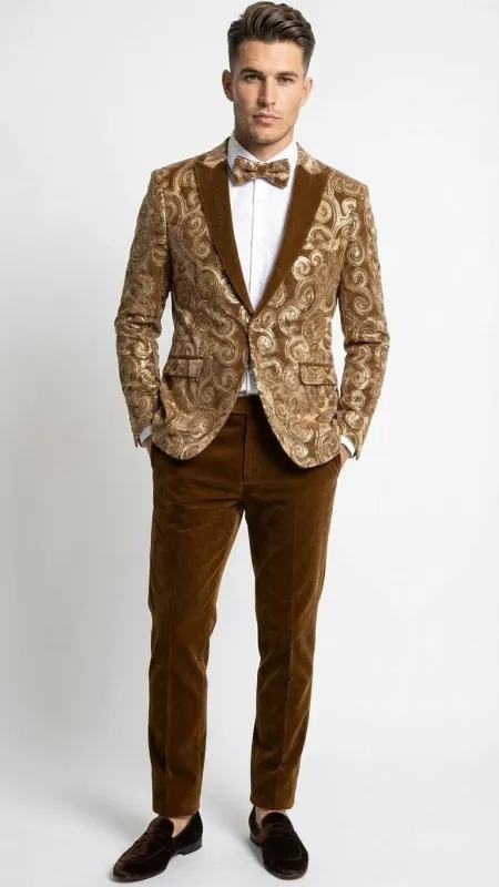 Mens Goldish Light brown Tuxedo dinner Jacket Embroidered Blazer  Velvet Jacket for Formal Paisley Pattern Coffee Mocca Color sold by Alberto Nardoni