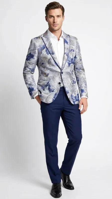 Menâ€™s Navy Blue and Gray Paisley Print Blazer â€“ Prom Jacket for Formal, Party, and Evening Wear sold by Alberto Nardoni