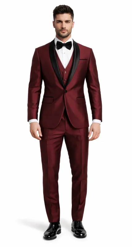 Elegant Burgundy 3-Piece Tuxedo – Versailles Shawl Lapel Formal Wear sold by Alberto Nardoni