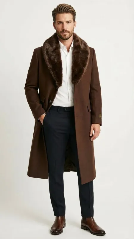 Men’s Brown Long Overcoat with Faux Fur Collar – Classic Winter Formal Coat Three Quarter Carcoat Wool and Cashmere Fabric sold by Alberto Nardoni