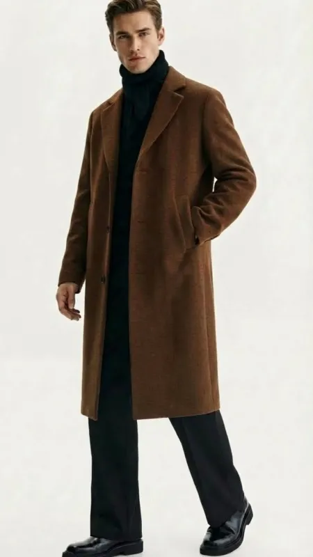 Mens Brown Long Wool Overcoat Topcoat Wool Carcoat Three Quarter sold by Alberto Nardoni