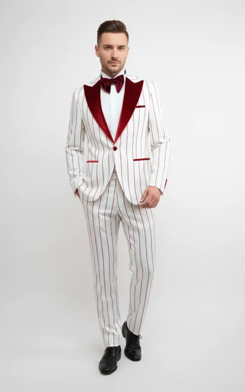 Mens White and Dark Red Pinstripe Tuxedo with Velvet Shawl Lapel Formal Dinner Blazer Prom Christmas New Year Holiday Suit made by Alberto Nardoni