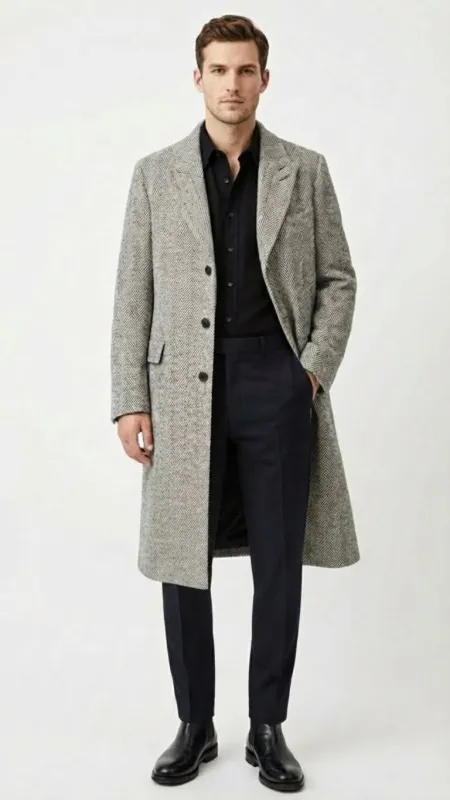 Men’s Grey Herringbone Long Overcoat – Tweed Black and White Pattern Wool Topcoat Three Qaurter sold by Alberto Nardoni