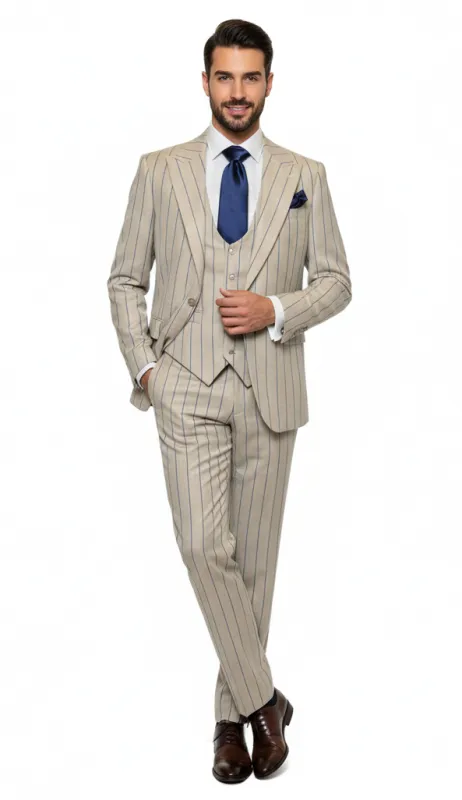 Men's Beige with blue Pinstripe Three-Piece Suit with Vest by Rossiman Vested Peak Lapel in Tan Stripe 1920s style sold by Alberto Nardoni