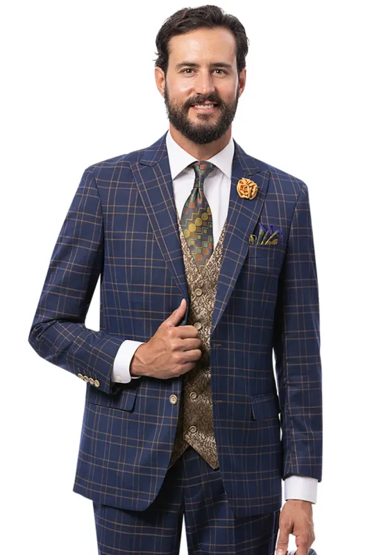 Marc Darcy Wedding Suits Men's Modern Fit Double Windowpane Plaid Suit with Paisley Vest in Navy Blue sold by Alberto Nardoni