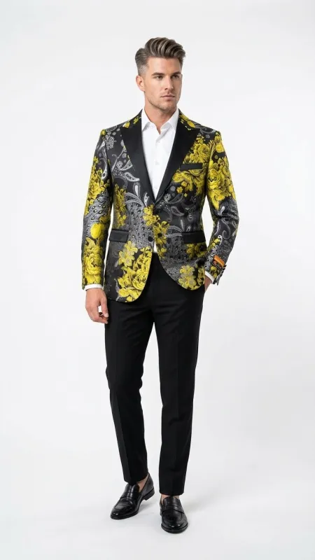 Mens Yellow Tuxedo Black and Gold Floral Pattern Blazer | Formal Jacket - Prom Dinner Jacket + Black Pants + Bowtie sold by Alberto Nardoni