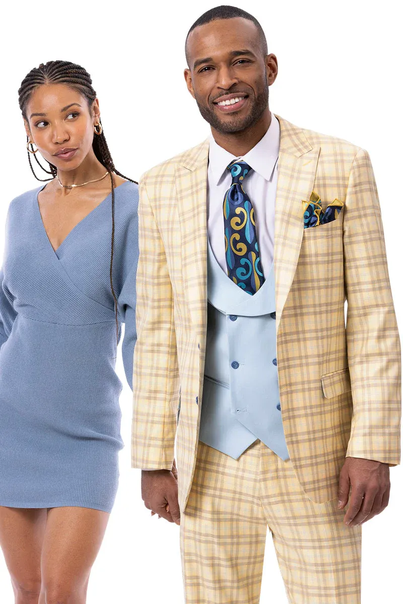 Marc Darcy Wedding Suits Men's Two Button Peak Lapel Suit in Tan Windowpane Plaid with Blue Double Breasted Vest sold by Alberto Nardoni