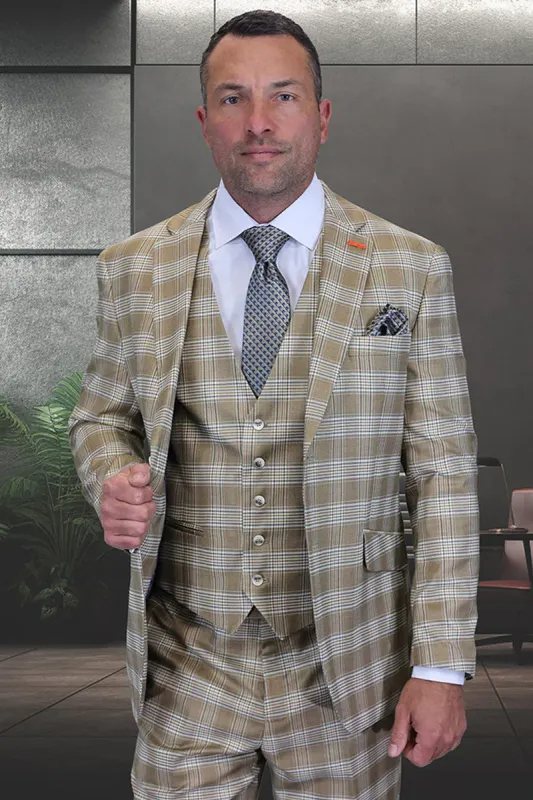 Marc Darcy Wedding Suits Men's Designer Two Button Modern Fit Vested Wool Suit in Tan Glen Plaid sold by Alberto Nardoni