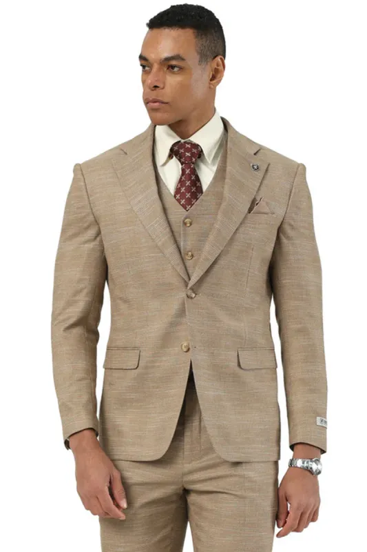Marc Darcy Wedding Suits Men's Stacy Adams Vested Sharkskin Pattern Business Suit in Tan sold by Alberto Nardoni