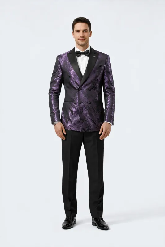 Men’s Formal Purple Jacquard Tuxedo Jacket with Black Satin Peak Lapel sold by Alberto Nardoni