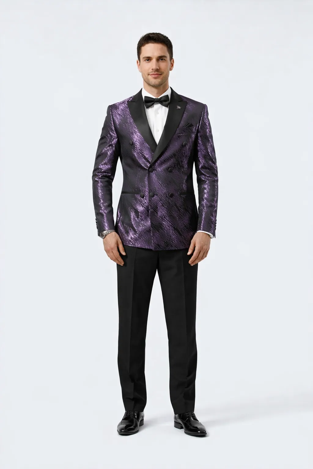 Mens Formal Purple Jacquard Tuxedo Jacket with Black Satin Peak Lapel sold by Alberto Nardoni