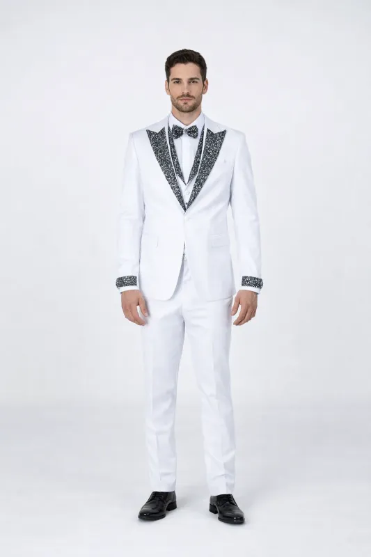 Men’s White Prom & Wedding Tuxedo with Stones – Peak Lapel 4-Piece sold by Alberto Nardoni