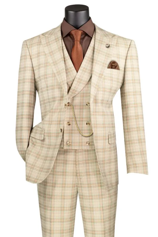 Marc Darcy Wedding Suits Men's Summer Windowpane Plaid Suit with Double Breasted Vest in Khaki Tan sold by Alberto Nardoni