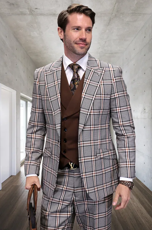 Marc Darcy Wedding Suits Men's Designer Vested Wide Peak Lapel Houndstooth Plaid Suit in Tan sold by Alberto Nardoni