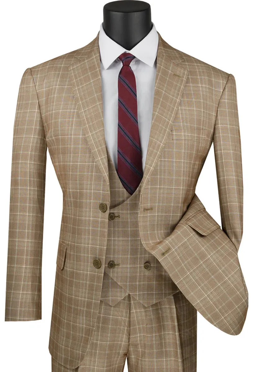Marc Darcy Wedding Suits Mens 2 Button Vested Peak Lapel Plaid Windowpane Suit in Camel sold by Alberto Nardoni