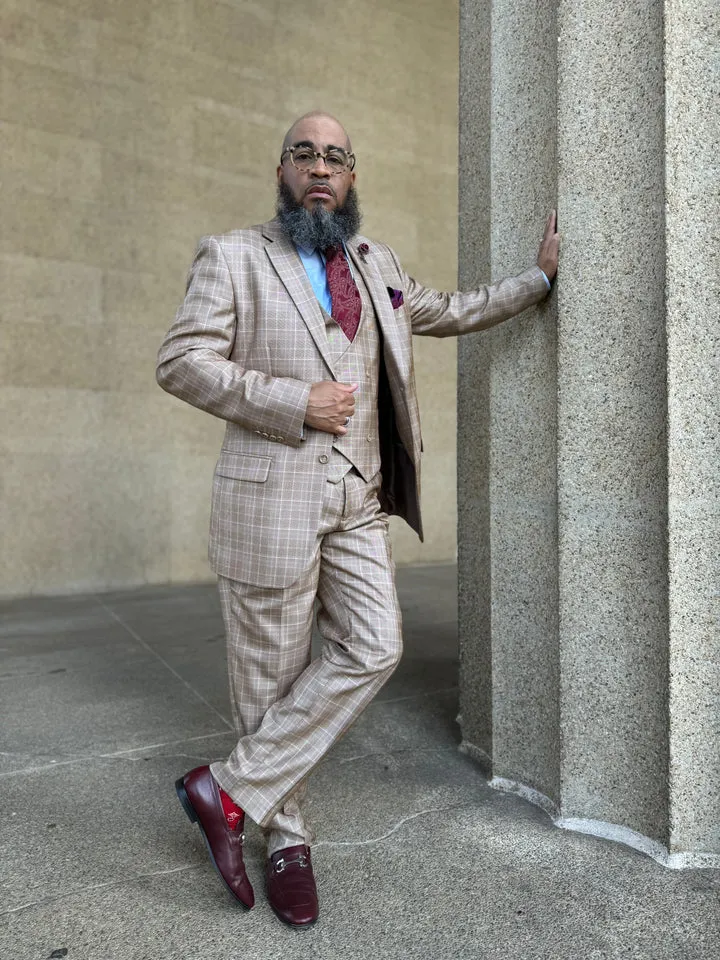 Marc Darcy Wedding Suits Mens 2 Button Vested Peak Lapel Plaid Windowpane Suit in Camel sold by Alberto Nardoni product image thumbnail 2