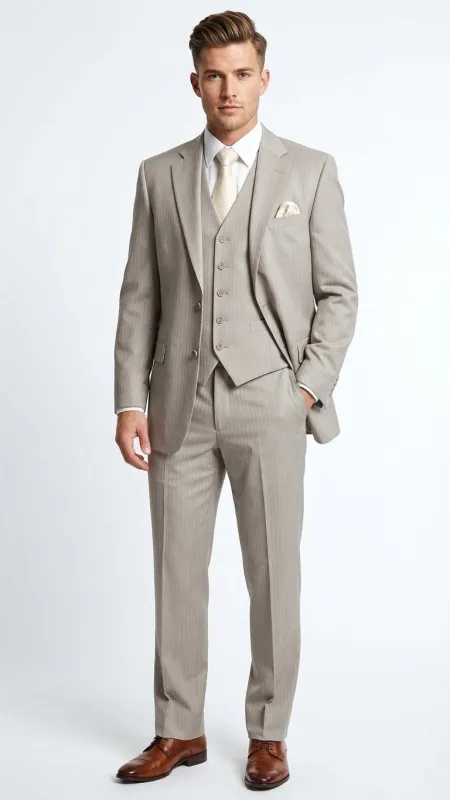 Menâ€™s Light Tan Pinstripe 3 Piece Suit with Jacket, Vest, and Pants | Shadow Stripe Tone Tone Pleated Pants Classic sold by Alberto Nardoni