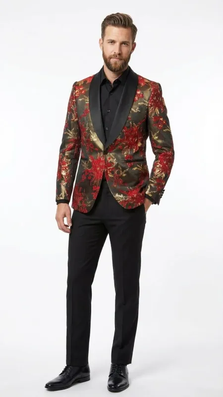 Mens Red and Gold Floral Pattern Paisley  Shawl Lapel | Luxury Evening and Party Wear Jacket Prom Christmas New Year Blazer sold by Alberto Nardoni