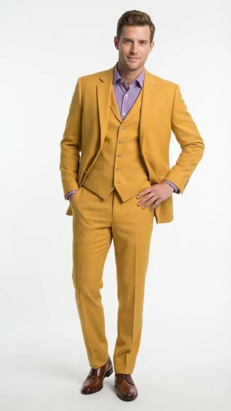 Mens Mustard Yellow Three Piece Suit | 2 Button Notch Lapel Modern Fit in Gold Color - Church Suit sold by Alberto Nardoni