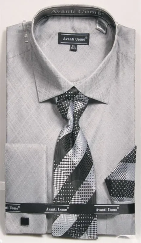 Men's Weave Pattern French Cuff Dress Shirt, Tie & Hanky Set In Grey made by Alberto Nardoni