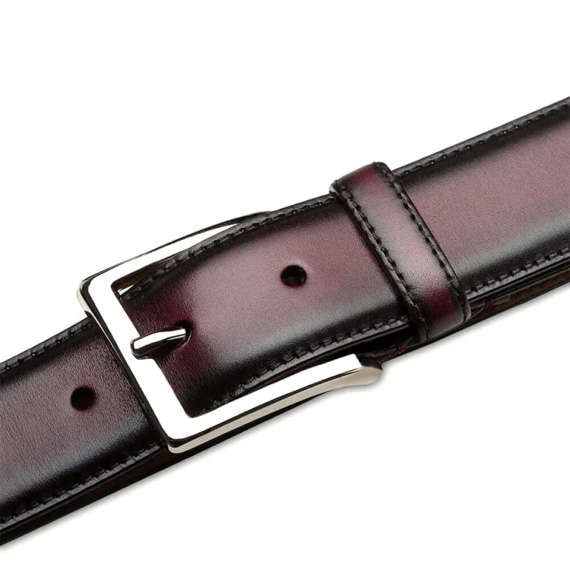 Mezlan Classic Calfskin Patina Belt Burgundy made by Mezlan