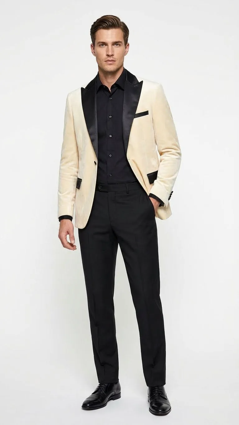 Mens Ivory Dinner Jacket - Cream Velvet Blazer with Black Satin Lapel | Wedding and Party Formal Sport Coat in off white sold by Alberto Nardoni