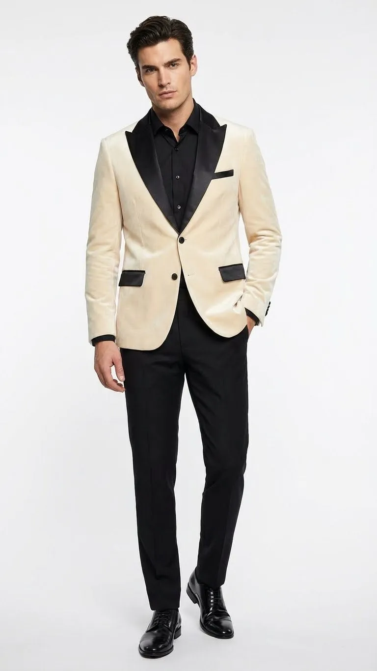 Mens Ivory Dinner Jacket - Cream Velvet Blazer with Black Satin Lapel | Wedding and Party Formal Sport Coat in off white sold by Alberto Nardoni product image thumbnail 3