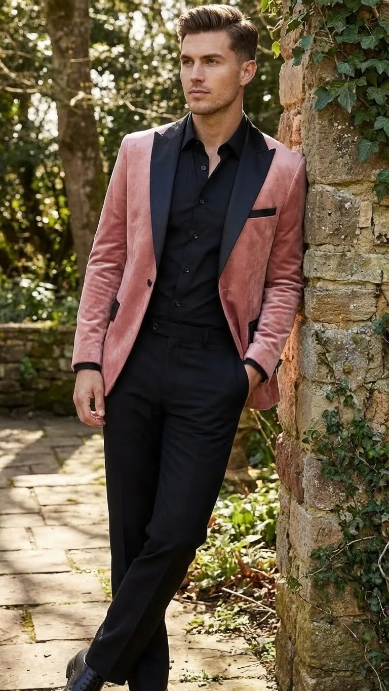 Mens Dusty Rose Pink Velvet Blazer with Black Satin Lapel | Formal Sport Coat in Mauve Color + Bowtie sold by Alberto Nardoni product image thumbnail 5