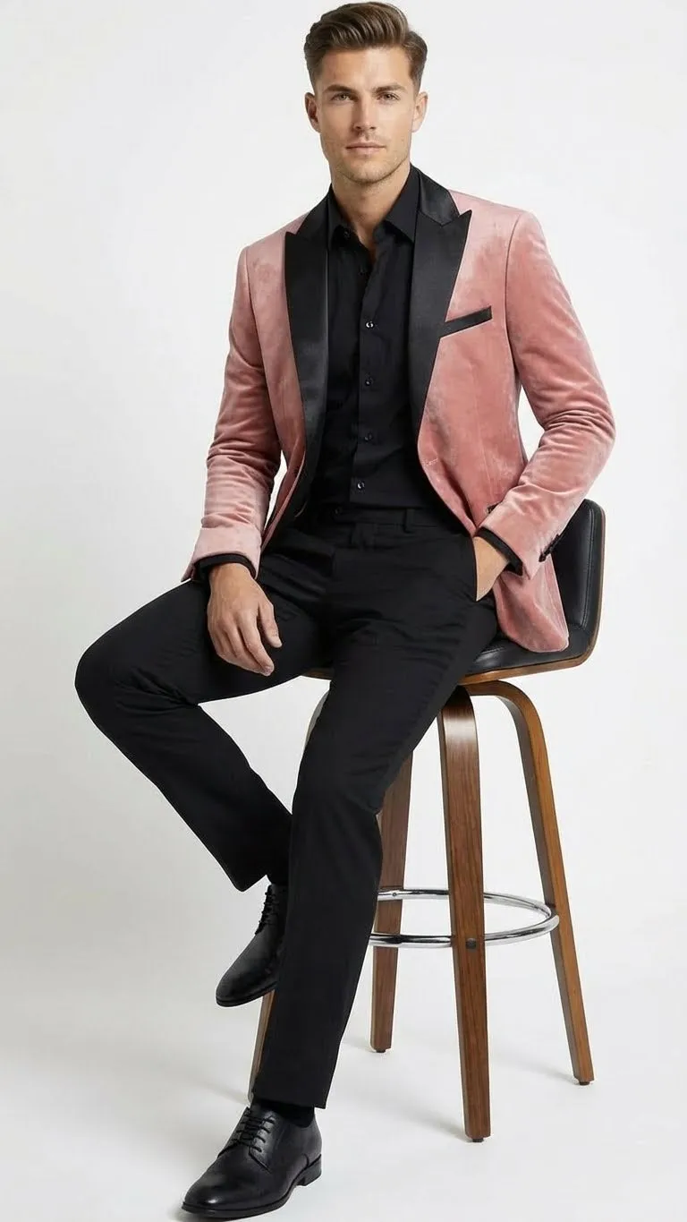 Mens Dusty Rose Pink Velvet Blazer with Black Satin Lapel | Formal Sport Coat in Mauve Color + Bowtie sold by Alberto Nardoni product image thumbnail 4