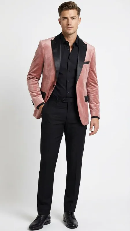 Mens Dusty Rose Pink Velvet Blazer with Black Satin Lapel | Formal Sport Coat in Mauve Color + Bowtie sold by Alberto Nardoni