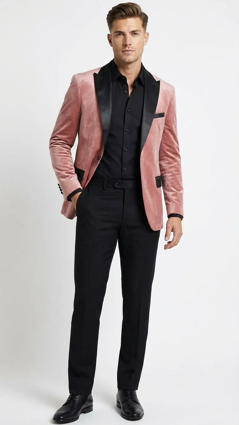 Mens Dusty Rose Pink Velvet Blazer with Black Satin Lapel | Formal Sport Coat in Mauve Color + Bowtie sold by Alberto Nardoni