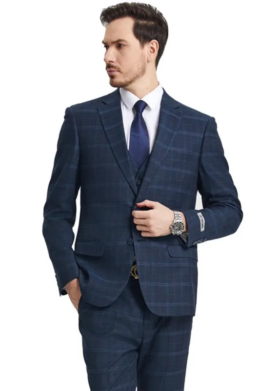 Men's Stacy Adams Vested Modern Fit Windowpane Plaid Suit in Navy Blue sold by Alberto Nardoni