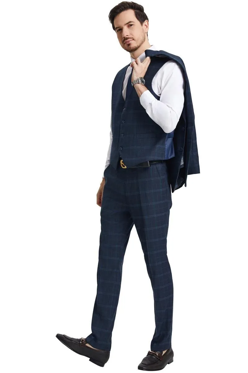 Men's Stacy Adams Vested Modern Fit Windowpane Plaid Suit in Navy Blue sold by Alberto Nardoni product image thumbnail 3