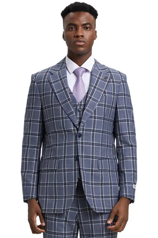 Men's Stacy Adams Two Button Vested Glen Plaid Check Suit in Grey sold by Alberto Nardoni