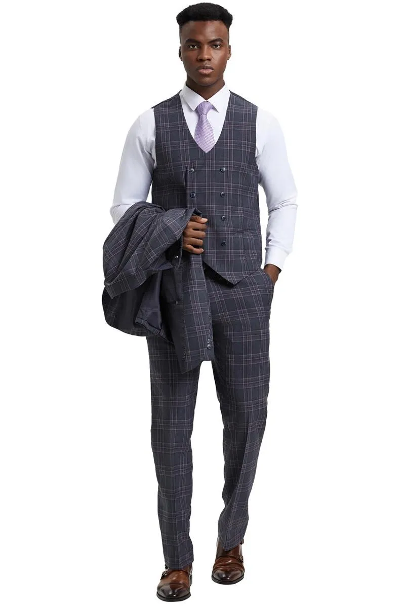 Men's Stacy Adams One Button Peak Lapel Double Breasted Vest Suit in Charcoal Grey Plaid sold by Alberto Nardoni product image thumbnail 4