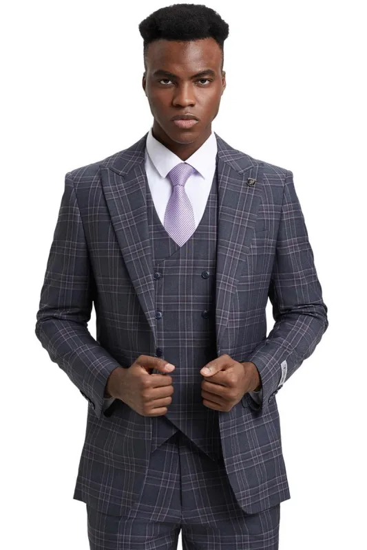 Men's Stacy Adams One Button Peak Lapel Double Breasted Vest Suit in Charcoal Grey Plaid sold by Alberto Nardoni
