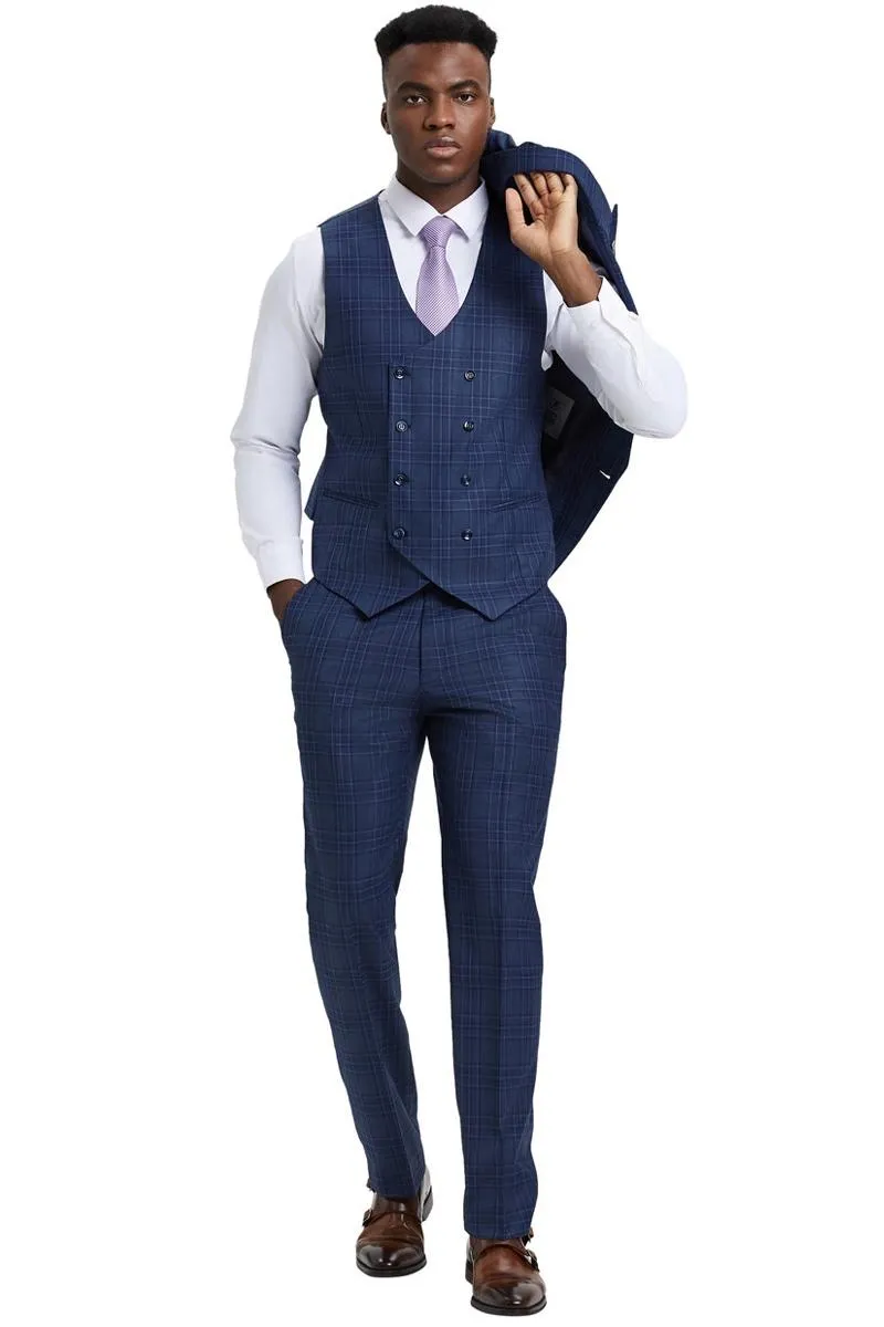 Men's Stacy Adams One Button Peak Lapel Double Breasted Vest Suit in Blue & Purple Plaid sold by Alberto Nardoni product image thumbnail 4