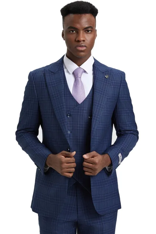 Men's Stacy Adams One Button Peak Lapel Double Breasted Vest Suit in Blue & Purple Plaid sold by Alberto Nardoni