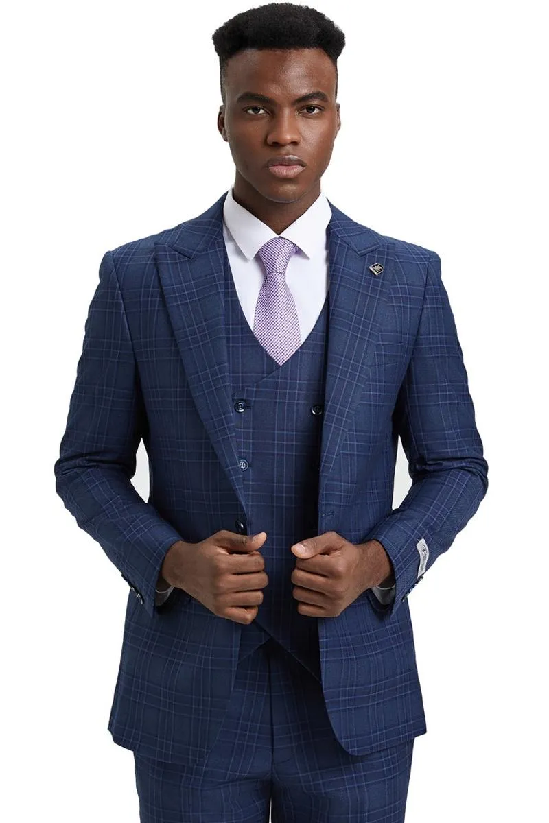 Men's Stacy Adams One Button Peak Lapel Double Breasted Vest Suit in Blue & Purple Plaid sold by Alberto Nardoni