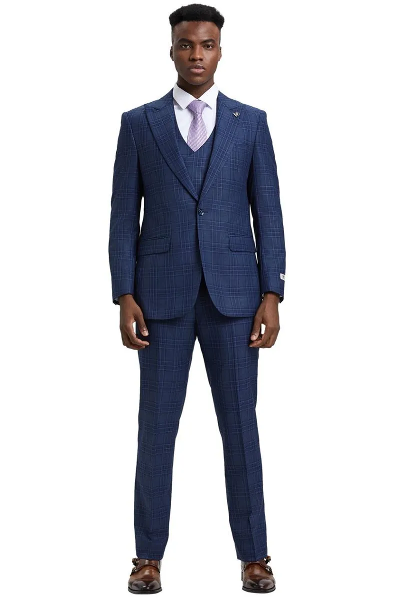 Men's Stacy Adams One Button Peak Lapel Double Breasted Vest Suit in Blue & Purple Plaid sold by Alberto Nardoni product image thumbnail 2
